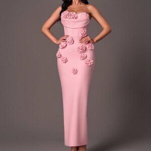 Pink Party Women's Elegant Tube Top Swung Collar Fishbone Bodycon Dress